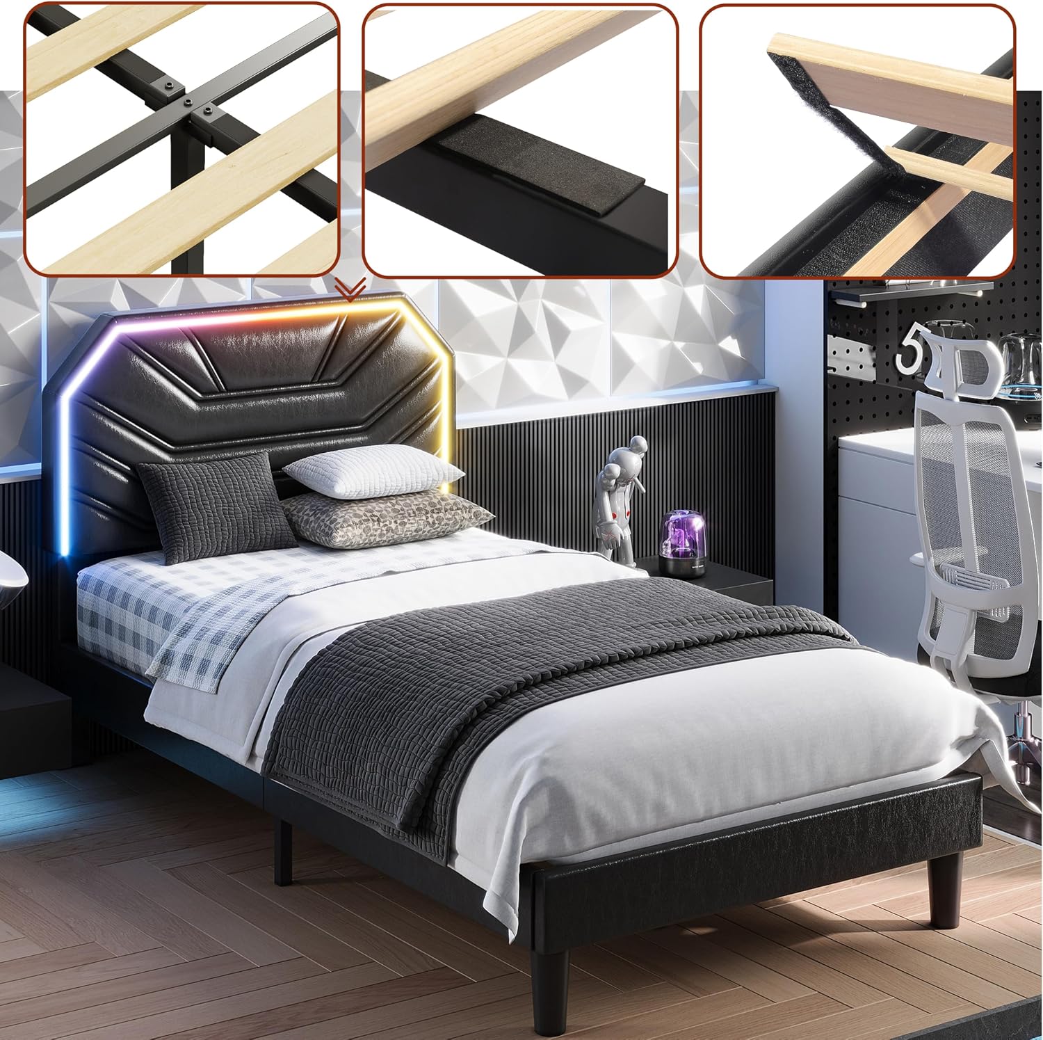 LIKIMIO Twin Bed Frames with LED Light Headboard, Upholstered Modern Cama Twin Platform Bed Frame with Heavy Duty Supports, No Box Spring Need, Noise Free, Easy Assembly, Black