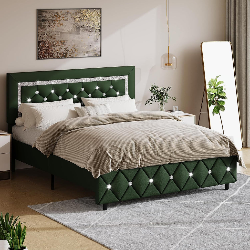 BarnFurin Full Size Bed Frame with Headboard, Faux Leather Upholstered Bed with Diamond Tufted Design, Mordern Bed Frame with Wooden Slats Suppor, No Box Spring Required, Easy Assembly, Green