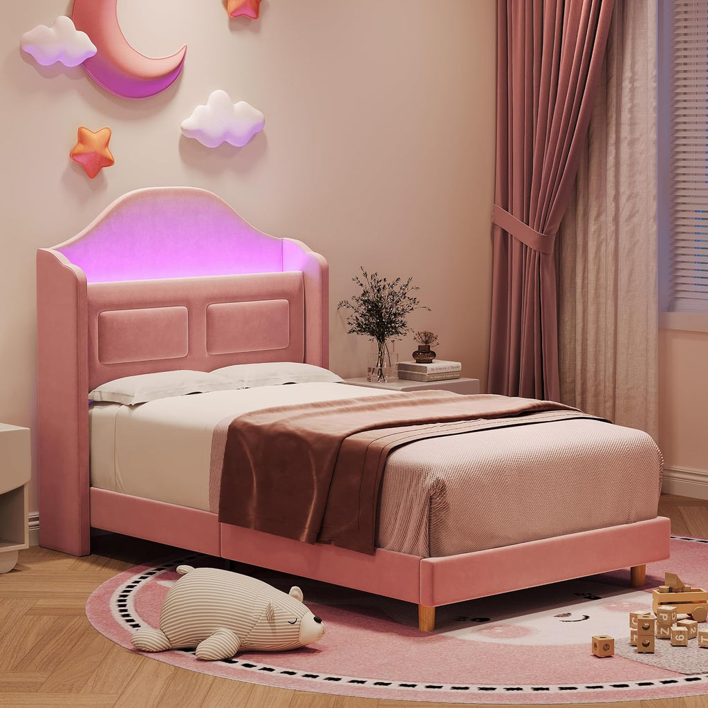 Garveehome Twin Bed Frame for Kids, Upholstered Velvet Princess Platform Bed for Boys/Girls with Wingback, Storage Bookcase Headboard & LED Light, No Box Spring Needed, Noise-Free, Easy Assembly, Pink