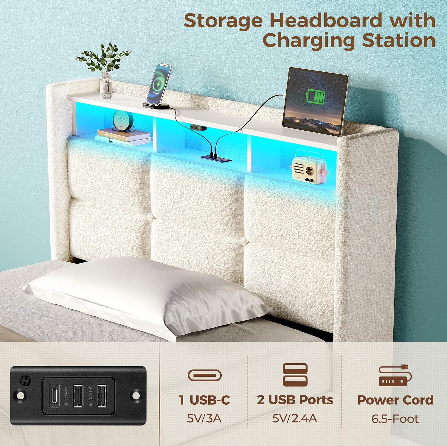 Rolanstar Bed Frame Twin Size with Lift Up Storage, Charging Station & LED Lights, Upholstered Storage Headboard, Heavy Duty Wooden Slats, No Box Spring Needed, Noise Free, Easy Assembly, Beige