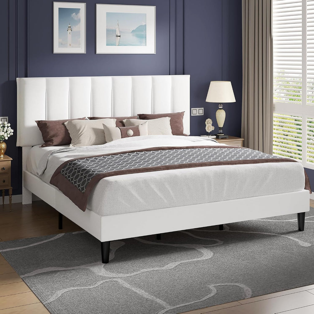 VECELO King Size Bed Frame with Upholstered Headboard, Heavy-Duty Bedframe with Strong Wooden Slats Support, No Boxing Spring Needed, Pure White