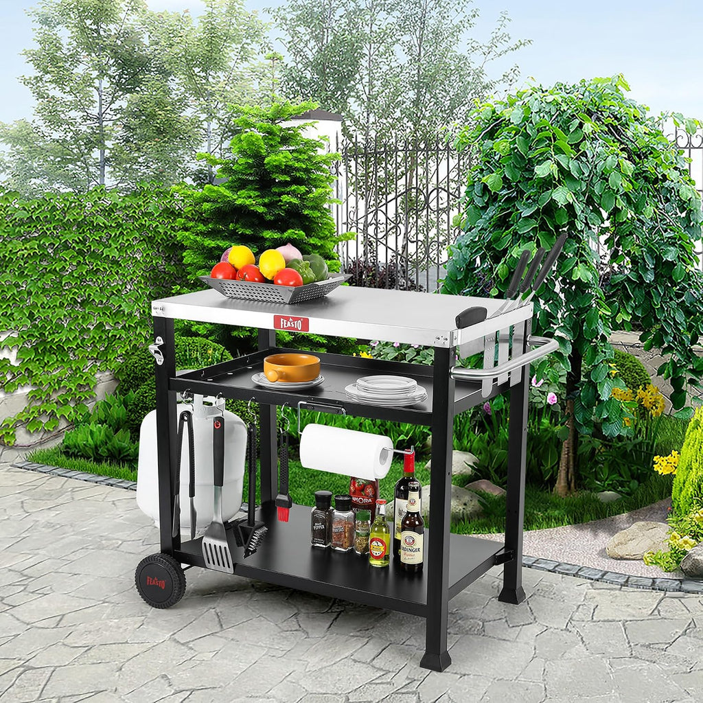 Feasto 3-Shelf Pizza Oven Table 33.5' x 21.7' Stainless Top, Rolling Outdoor Grill Cart with Waterproof Cover for Pizza Ovens & Griddles, Heavy-Duty BBQ Prep Station for Patio & Deck, Black