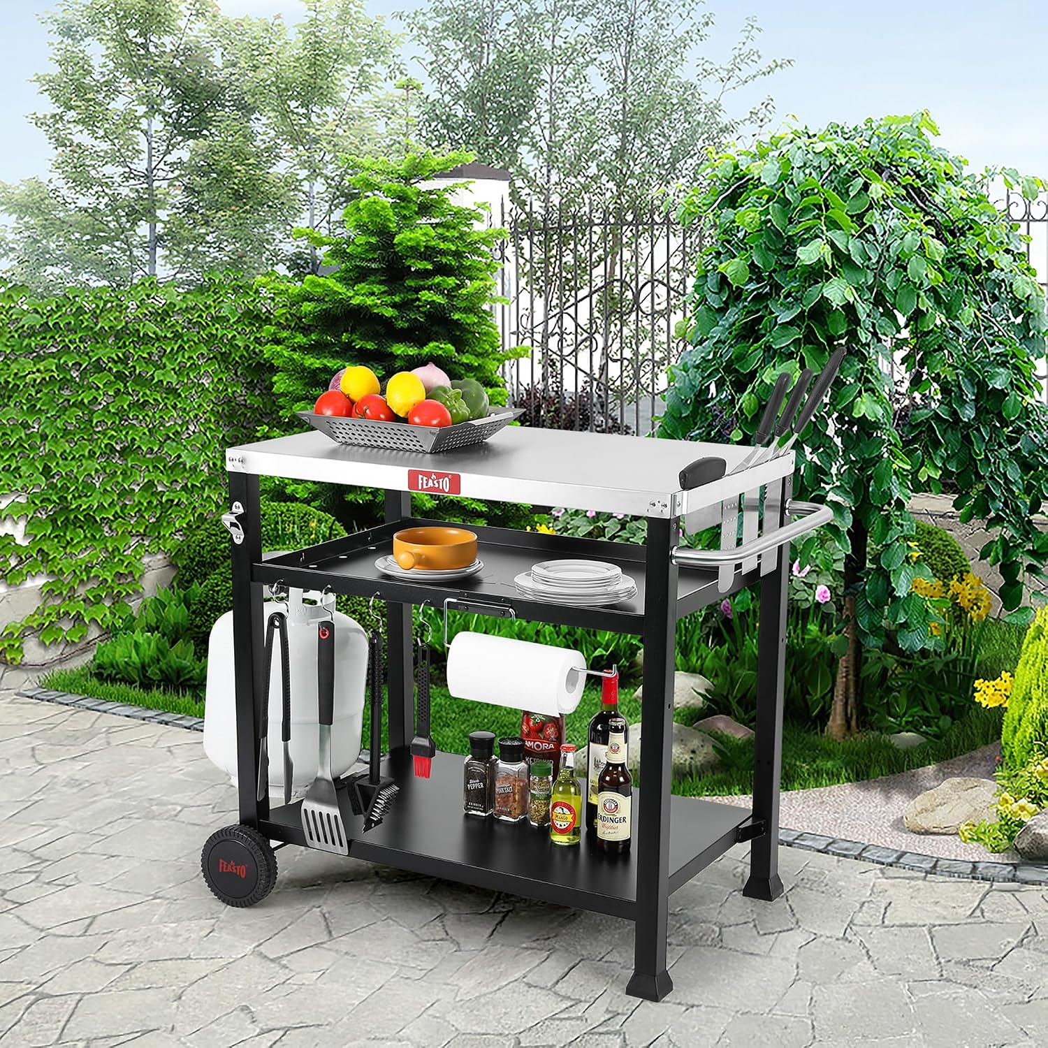 Feasto 3-Shelf Pizza Oven Table 33.5' x 21.7' Stainless Top, Rolling Outdoor Grill Cart with Waterproof Cover for Pizza Ovens & Griddles, Heavy-Duty BBQ Prep Station for Patio & Deck, Black