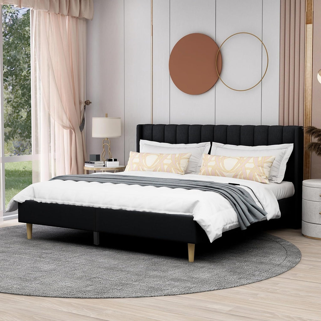 AGARTT Upholstered Platform Bed Frame King Size with Headboard and Footboard/Wooden Slats Support/No Box Spring Needed/Easy Assembly,Black Linen