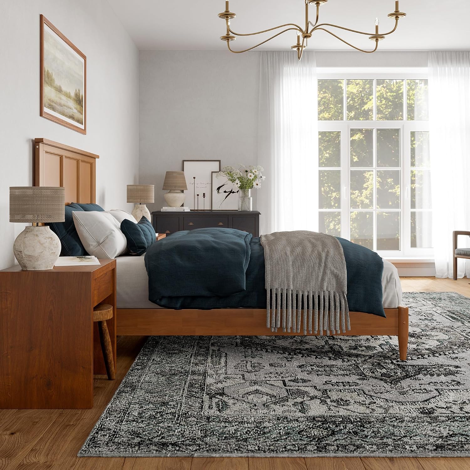 AFI, Charlotte Queen Solid Wood Low Profile Platform Bed, Light Toffee