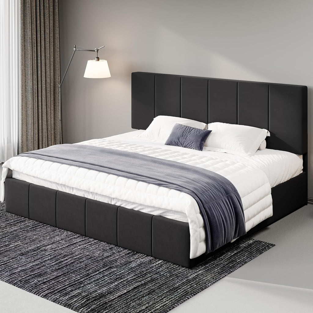 Allewie King Size Dutch Velvet Upholstered Platform Bed Frame/Vertical Channel Tufted Adjustable Headboard/Low Profile Bed Frame/No Box Spring Needed/Easy Assembly/Black