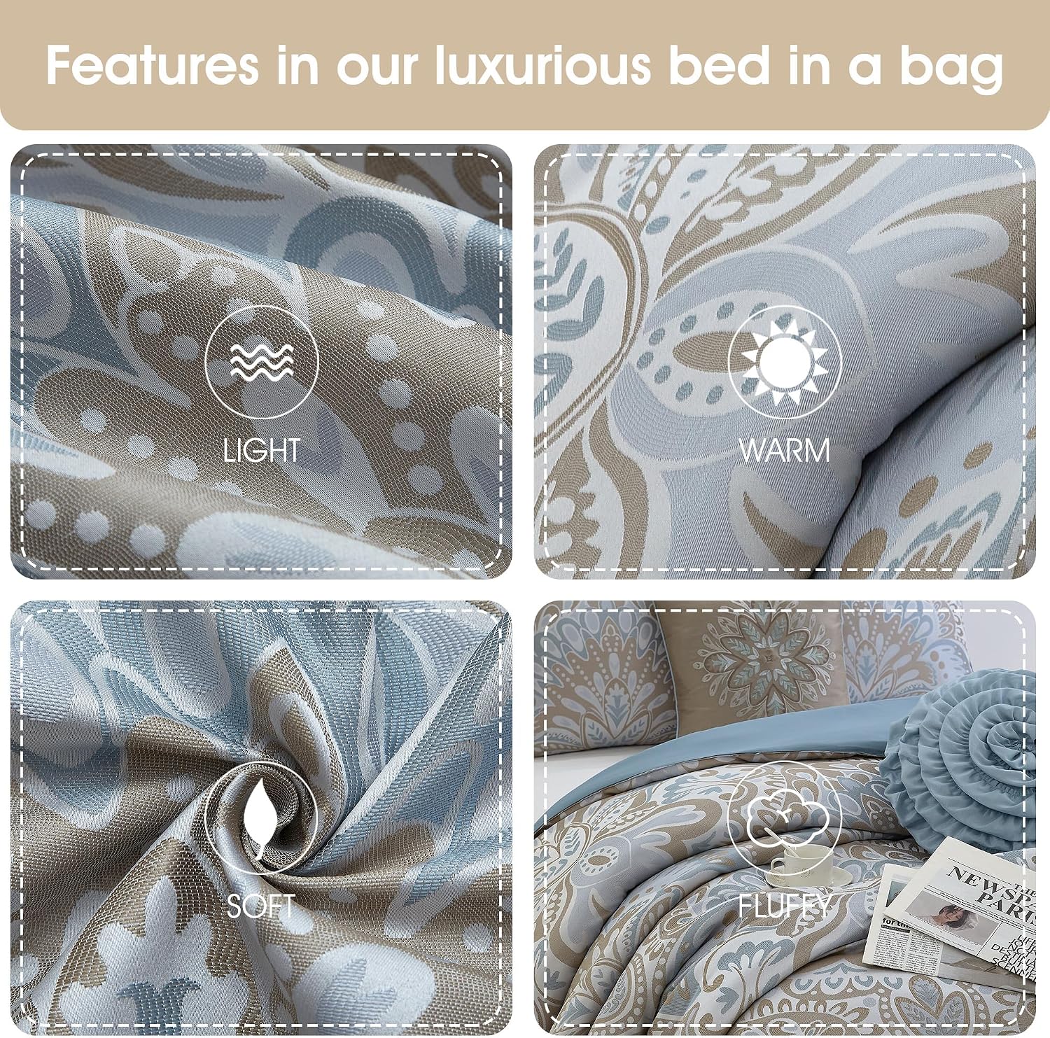 Stratford Park 6-Piece Blue Gold Comforter Set for Girls, Queen Size, Elegent Floral Bedding Set, Jacquard Design, Matching Bedskirt, Pillows & Shams