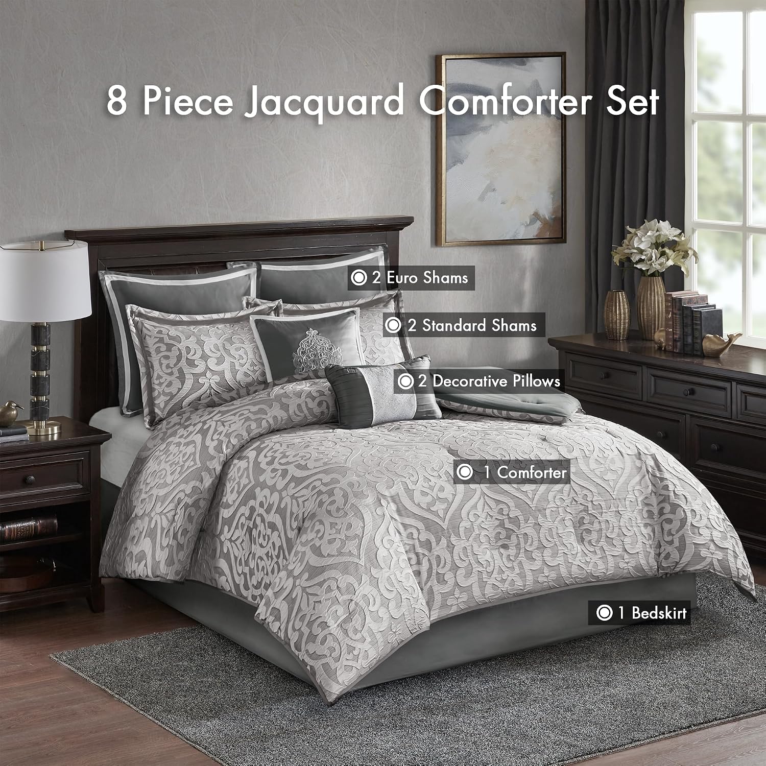 Madison Park Odette Cozy Comforter Set Jacquard Damask Medallion Design - Modern All Season, Down Alternative Bedding, Shams, Decorative Pillows, Queen(90 in x 90 in), Silver 8 Piece