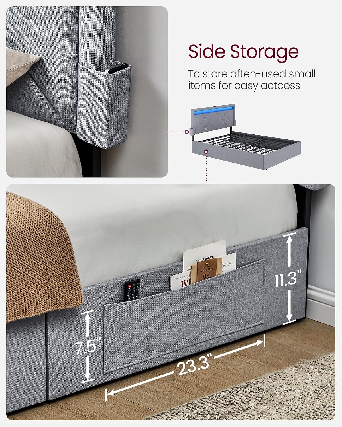 VASAGLE LED Bed Frame Full Size, Full Bed with Headboard and 4 Drawers, 1 USB Port and 1 Type C Port, Adjustable Upholstered Headboard 37.1/39.6 Inches, No Box Spring Needed, Light Gray URMB822G01