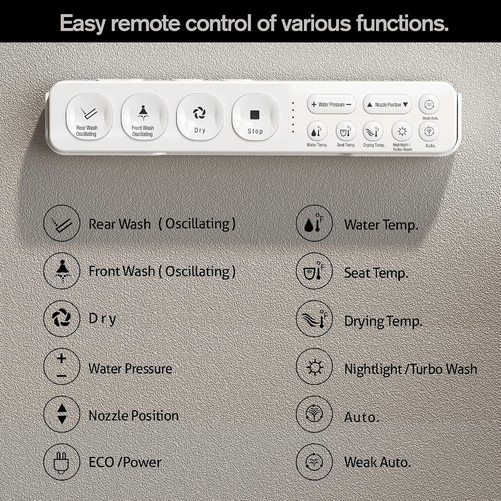 Toilet Bidet Seat, Elongated Toilet Seat Bidet with Dryer and Warm Water, Electronic Heated Toilet Seat Temperature Adjustable, Front and Rear Oscillation Cleaning, Remote Control