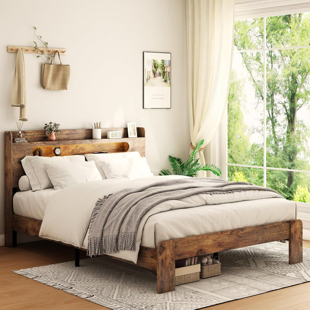 Bellemave Rustic Vintage Full Size Bed Frame with Storage Headboard and Charging Station,Wooden Platform Bed Frame Full Size with LED Lights and Wood Slats,Easy Assembly,Dark Brown