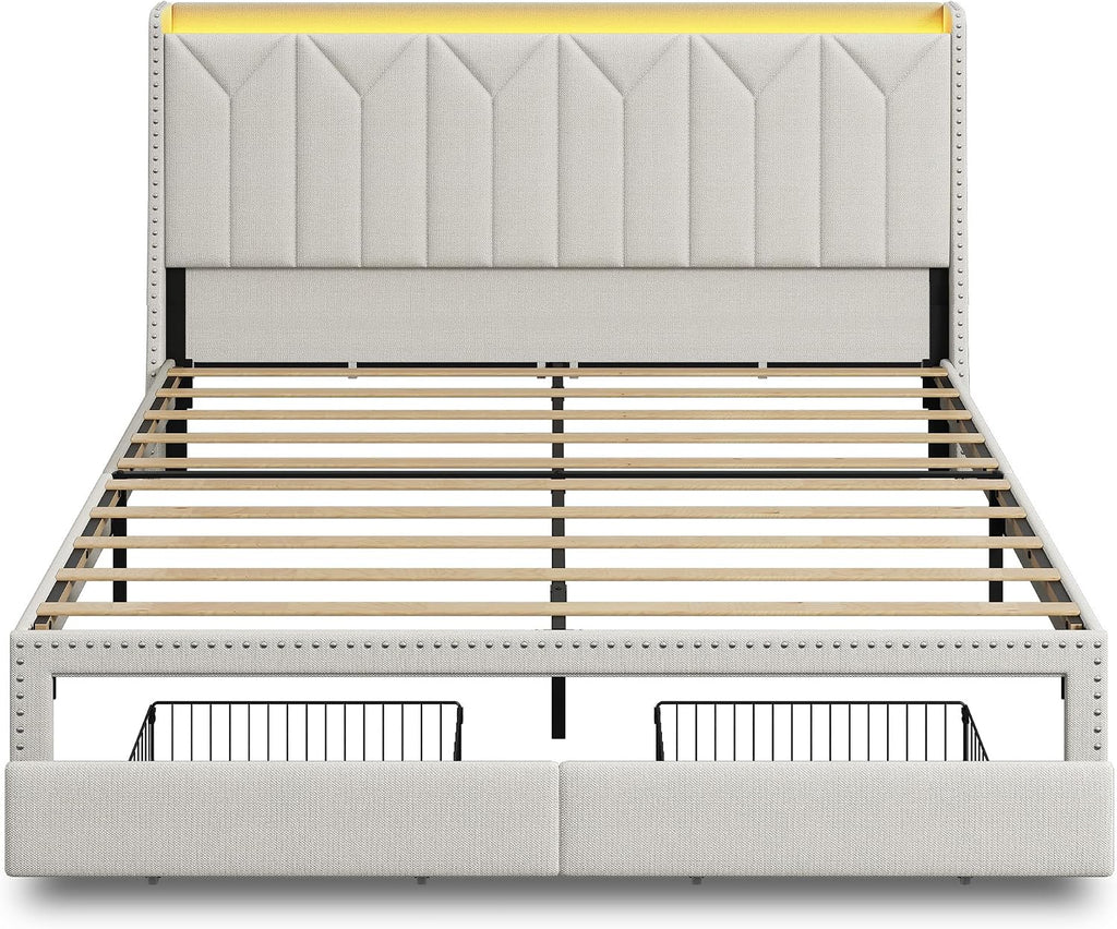 WLIVE King Size Upholstered Bed Frame with 2 Drawers, Storage Headboard Platform Bed with Charging Station and LED Light, Sturdy Metal & Wooden Slats Support, No Box Spring Needed, Beige