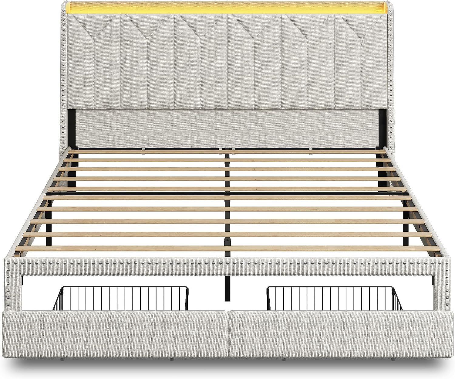 WLIVE King Size Upholstered Bed Frame with 2 Drawers, Storage Headboard Platform Bed with Charging Station and LED Light, Sturdy Metal & Wooden Slats Support, No Box Spring Needed, Beige