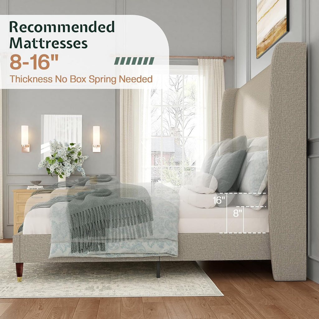 Jocisland Queen Size Bed Frame 51.2' Wingback Headboard Linen Upholstered Platform Bed with Solid Wood Legs & Wooden Slats, No Box Spring Needed, Modern Minimalist Style, Easy Assembly, Brown