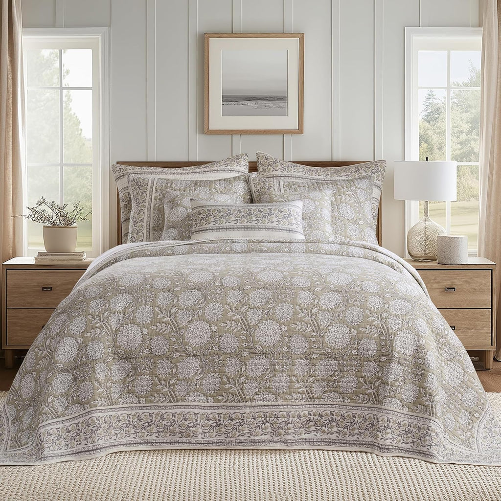 Levtex Home – Adare Taupe Bedspread Set – Twin Bedspread (80x106in.) and 1 Standard Sham (20x26in.) – Floral Botanical Design – Taupe and White – Reversible – Cotton