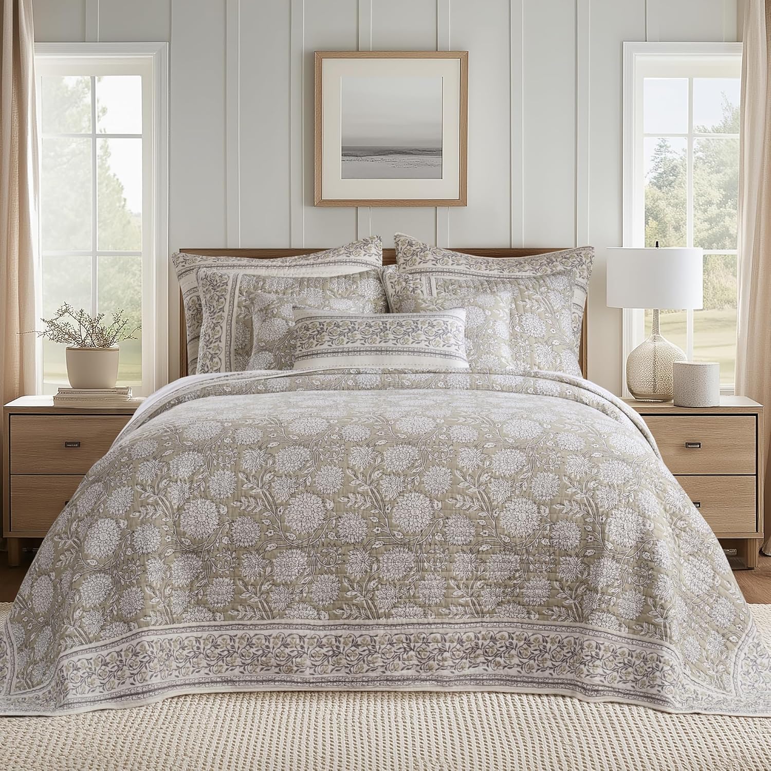 Levtex Home – Adare Taupe Bedspread Set – Full Bedspread (96x106in.) and 2 Standard Shams (20x26in.) – Floral Botanical Design – Taupe and White – Reversible – Cotton
