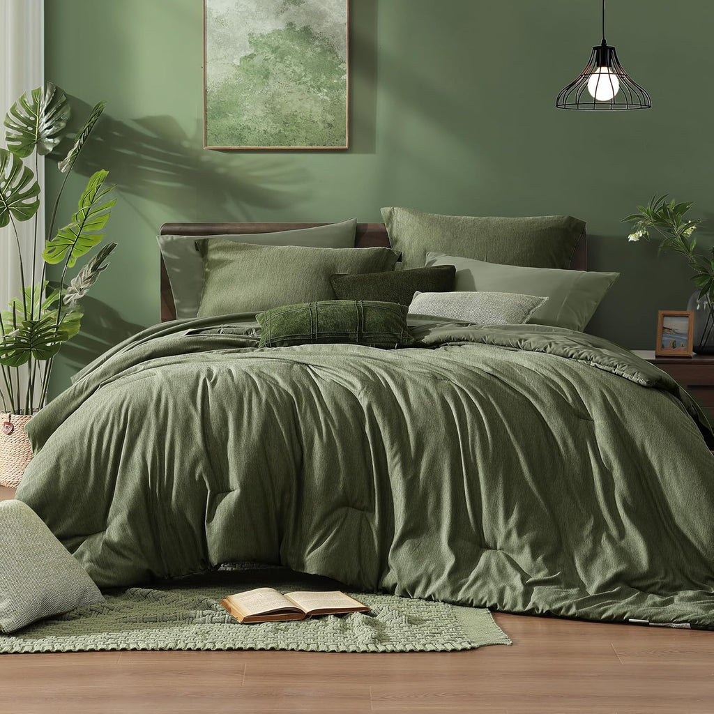 Monbix Super King Comforter Set, Olive Green Cationic Dyeing Bedding Set Reversible, Bed in a Bag 7 Pieces with Comforter, Sheets, Pillowcases & Shams