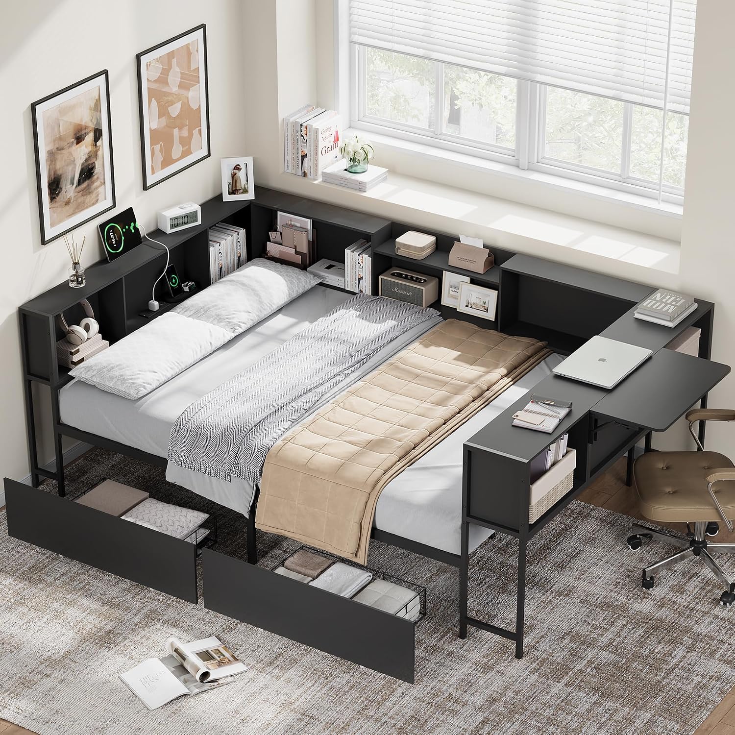 Corner Full Bed Frame with Storage Bookcase and Foldable Desktop, Black Full Size U-Shaped Metal Corner Bed Platform for Teenagers & Kids, Daybed with Charging Station & 2 Storage Drawers for Bedroom