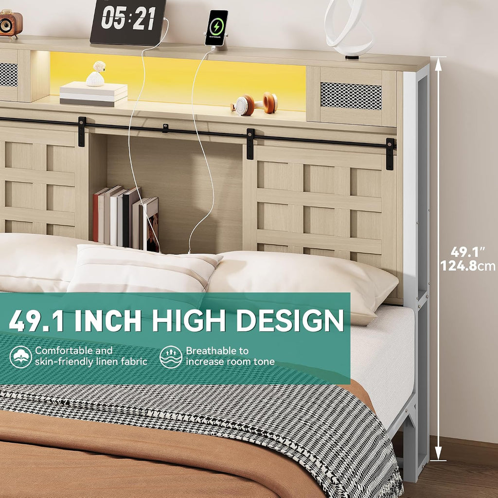 YITAHOME Farmhouse Bed Frame Queen Size, 49.14' Tall Storage Headboard, Led Light & Charging Station, Sliding Barn Door, Wooden Platform Bed Frame, Metal Slats Support, No Box Spring Needed, Oak