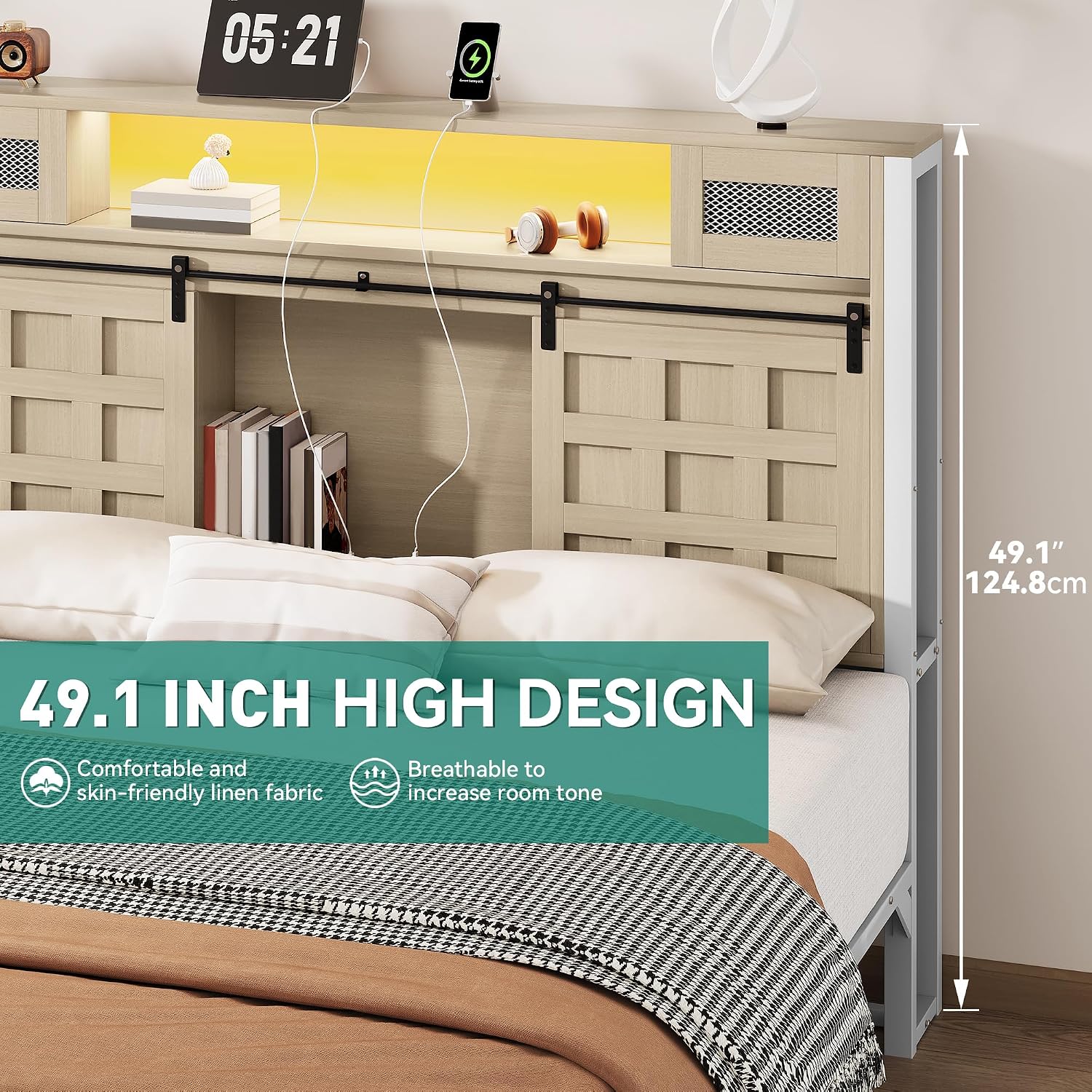 YITAHOME Farmhouse Bed Frame Queen Size, 49.14' Tall Storage Headboard, Led Light & Charging Station, Sliding Barn Door, Wooden Platform Bed Frame, Metal Slats Support, No Box Spring Needed, Oak