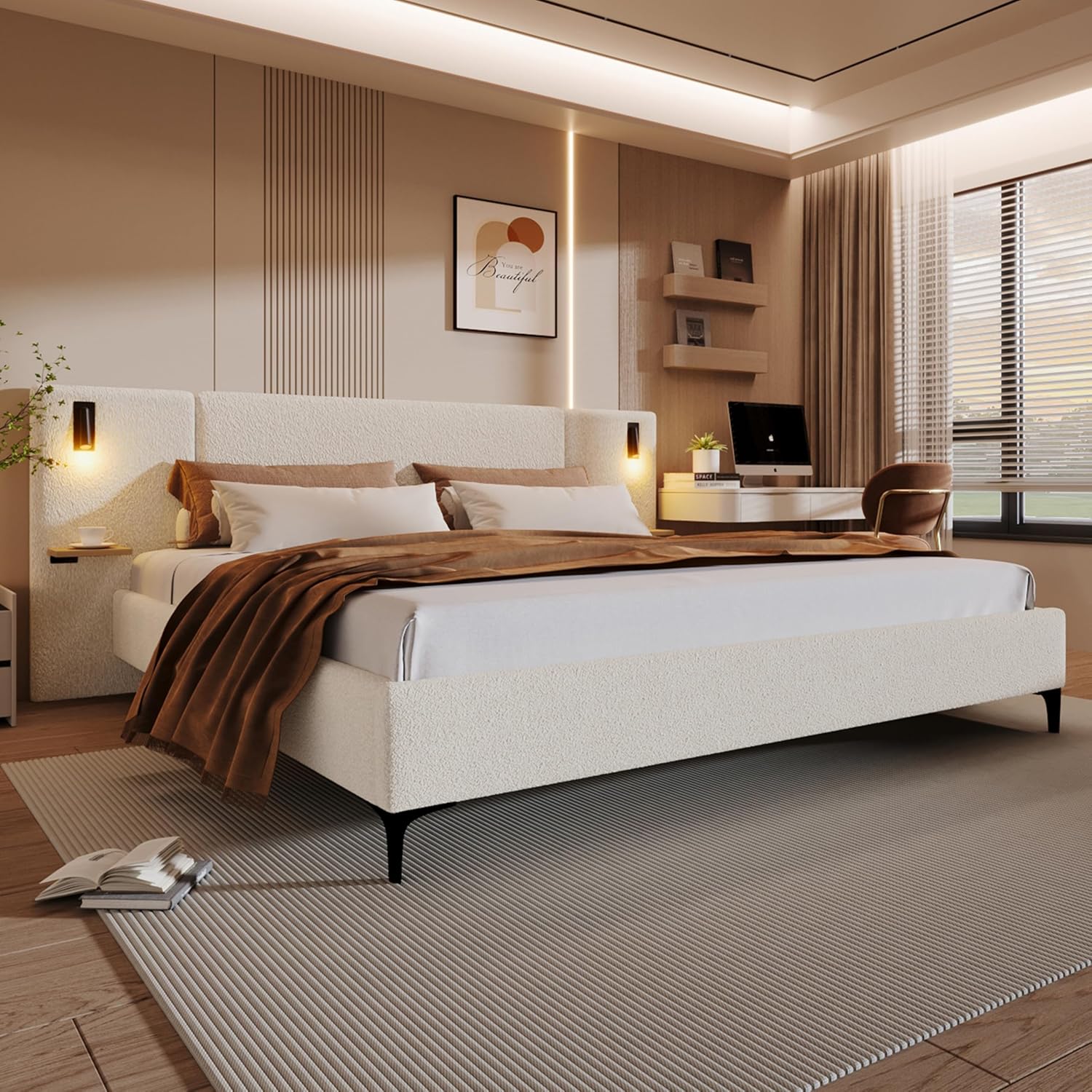 Merax King Size Chic Boucle Upholstered Platform Bed with Integrated Lights and Shelves, Bed Frame with Iron Legs for Teens Adults, White