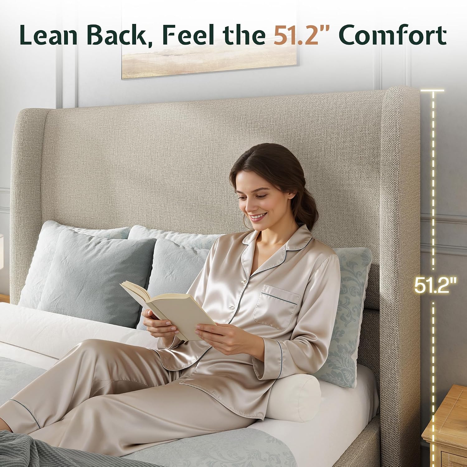 Jocisland Queen Size Bed Frame 51.2' Wingback Headboard Linen Upholstered Platform Bed with Solid Wood Legs & Wooden Slats, No Box Spring Needed, Modern Minimalist Style, Easy Assembly, Brown