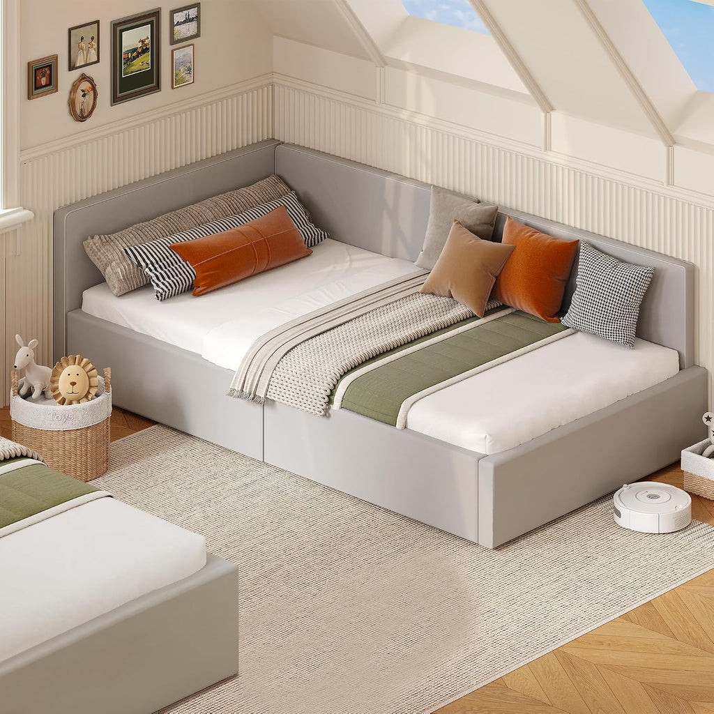 GarveeHome Twin Daybed with Bed Rails, Velvet Upholstered Corner Bed Frame with Headboard, Modern Kids Bed with Guardrail for Living Room, Bedroom, Easy Assembly, Light Grey