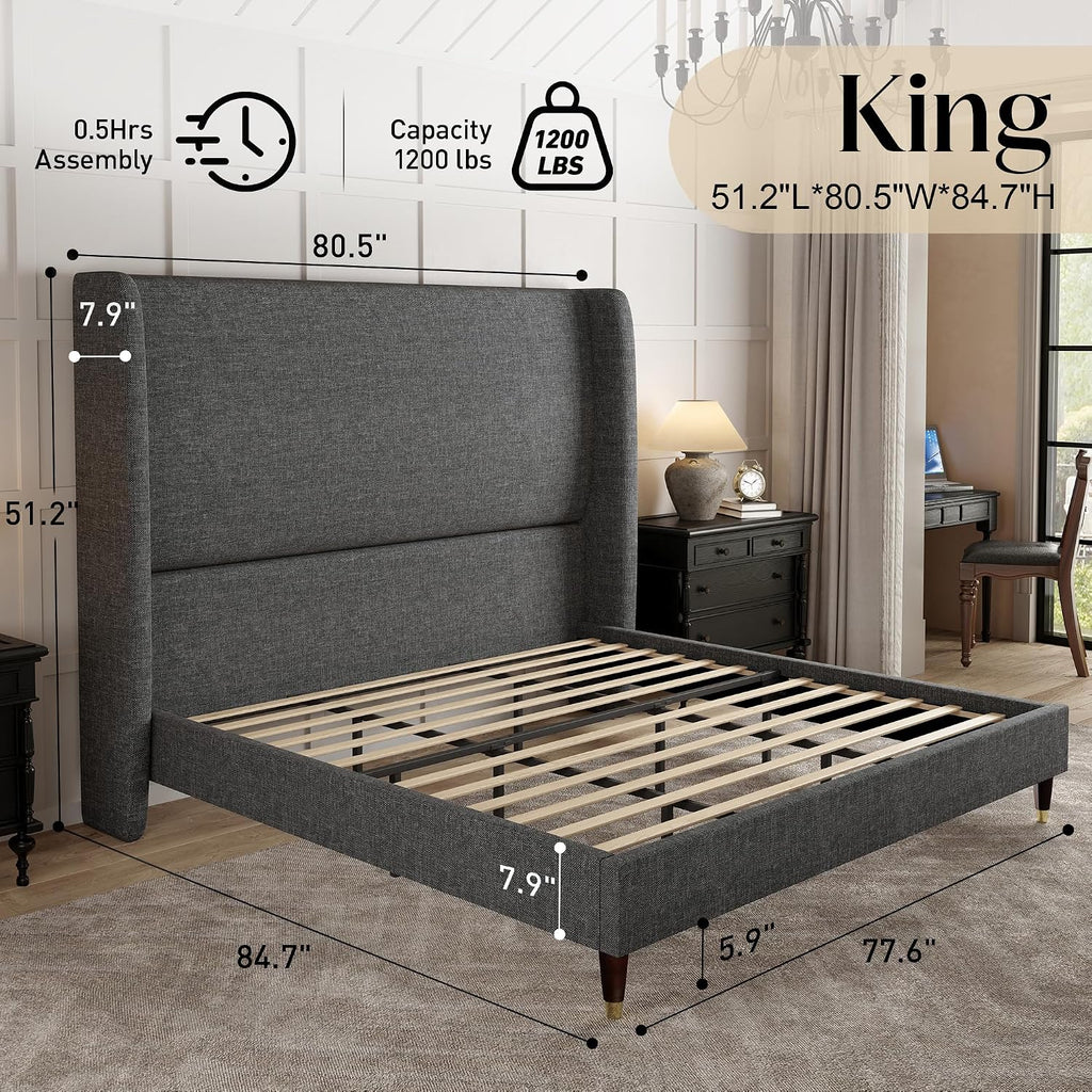 PaPaJet King Bed Frame with 51.2' Tall Wingback Headboard,Line Upholstered Platform Bed,Solid Wood Legs,No Box Spring Needed,Noise-Free&Easy Assembly,for Master Bedroom & Luxury Home,Dark Grey