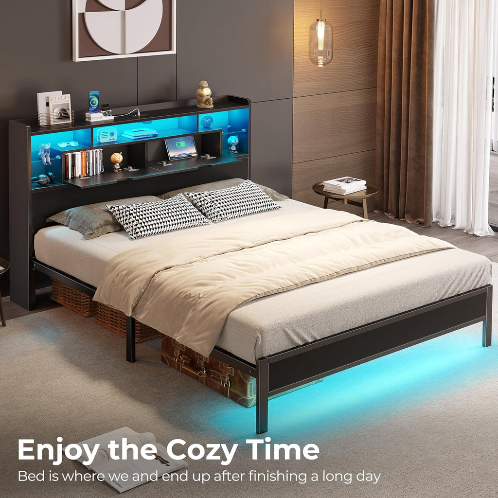 Rolanstar Queen Bed Frame with Headboard, LED Bed with Bookcase Storage and Charging Station, Metal Platform Bed with Glass Shelves, No Box Spring Needed, Noise-Free, Black