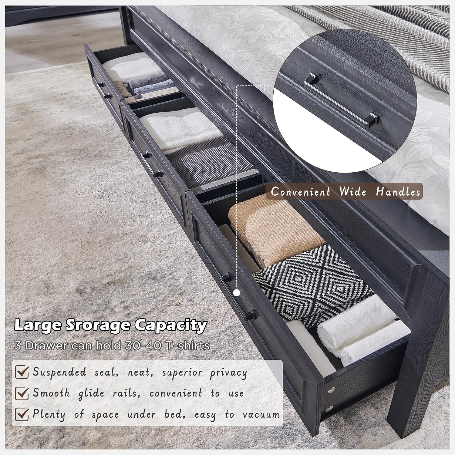 JXQTLINGMU Farmhouse Queen Wood Bed Frame with 52' Tall Headboard & 20' H Footboard, Platform Bedframe with Hidden Storage Drawers, Noiseless, No Box Spring Required, Black