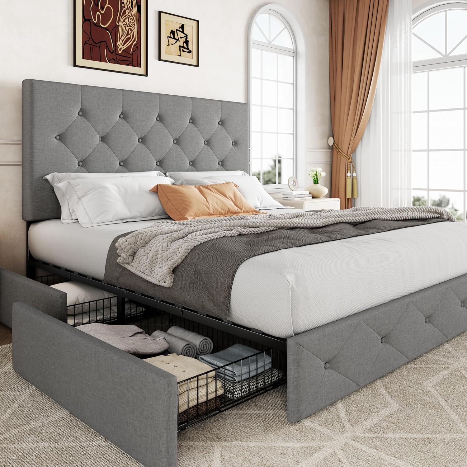 Allewie Upholstered Full Size Platform Bed Frame with 4 Storage Drawers and Headboard, Diamond Stitched Button Tufted, Mattress Foundation with Wooden Slats Support, No Box Spring Needed, Light Grey
