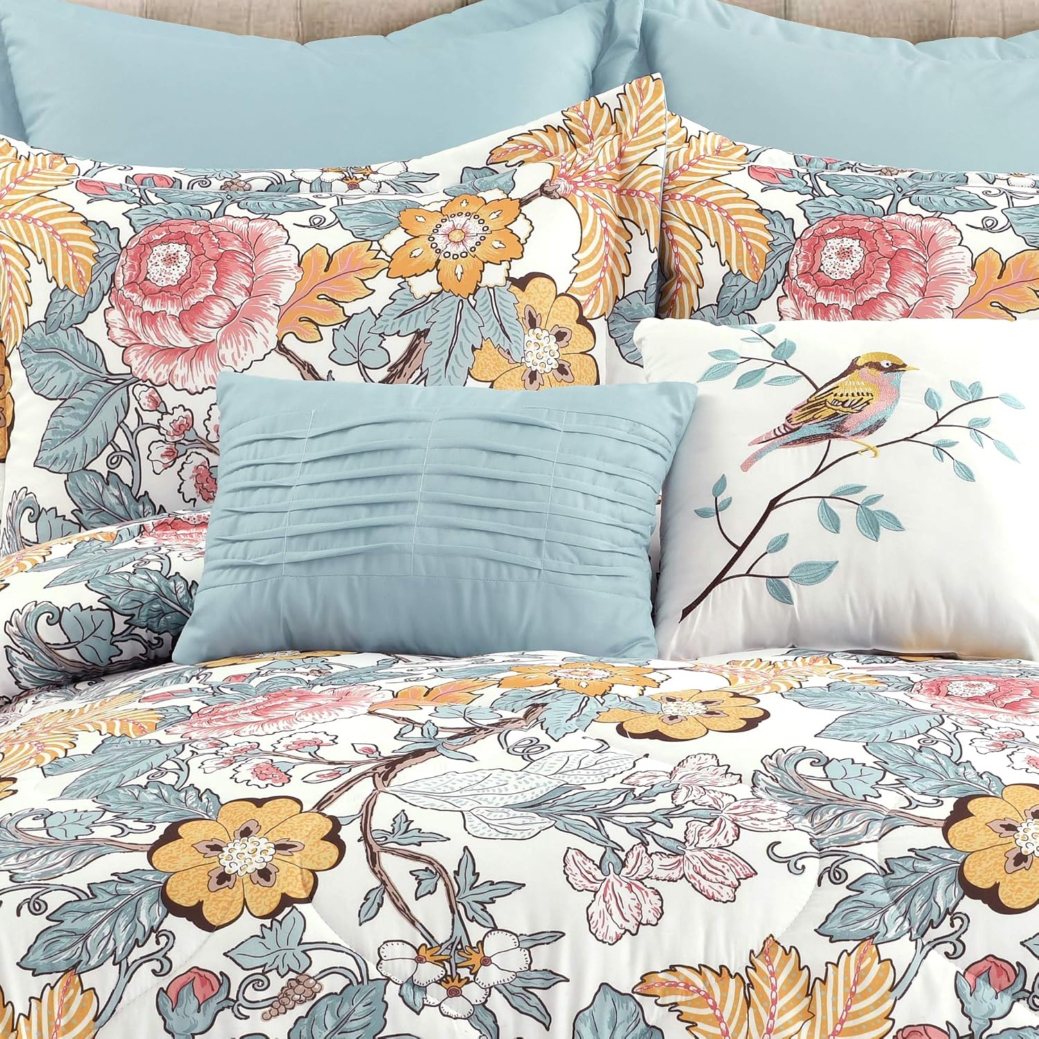Lush Decor Sydney Comforter Set, 7 Piece, Full/Queen, Blue & Yellow - Fully Styled Bedding Queen Size Comforter Set - Colorful Floral Print - Cottage Core Decor - Coquette Bedding