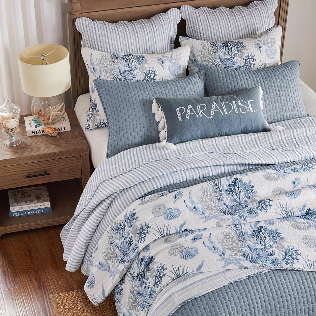 Levtex Home - Coral Landing Quilt Set - Twin Quilt and One Standard Sham - Coastal - Navy Blue Grey White - Quilt (68x86in.) and Sham (20x26in.) - Reversible - Cotton