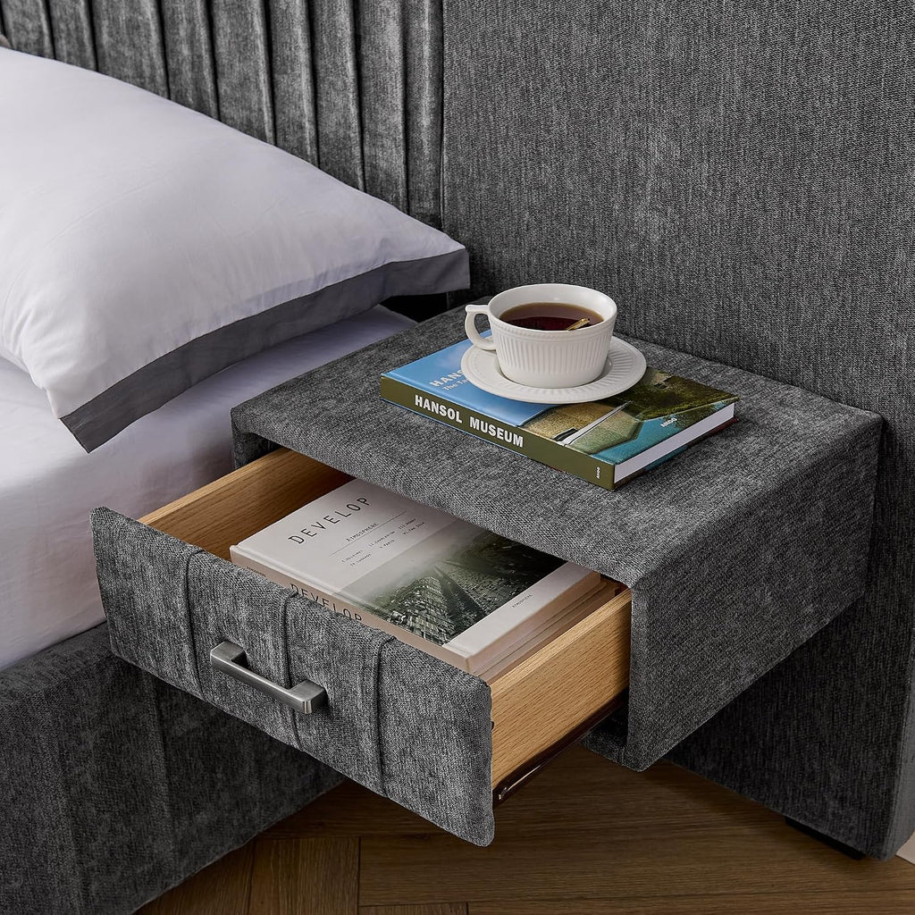 Upholstered King Size Bed Frame with Built-in Nightstands & Adjustable Lamps, No Box Spring Needed Platform Bed with Chenille Pleated Headboard, Sturdy Grounded Bedroom Set for Space-Saving
