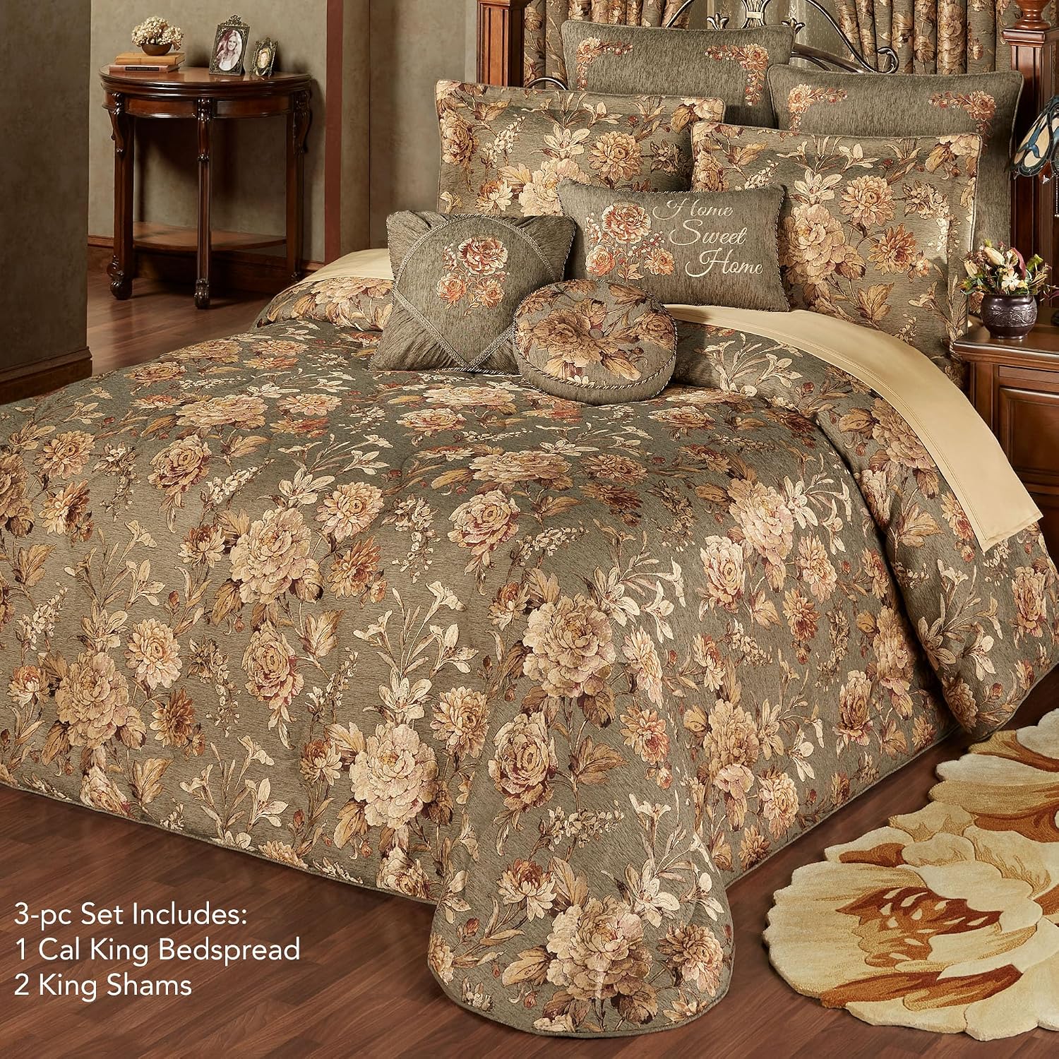 Rhapsody Floral Luxury Bedding | 3 Piece Oversized Bedspread Set: Cal King Bedspread, 2 King Shams, | California King | Sophisticated | Flower | Woven | Rich Stately Elegant | Traditional Style