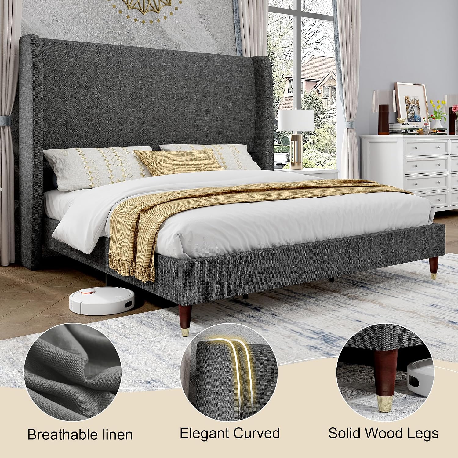 PaPaJet King Bed Frame with 51.2' Tall Wingback Headboard,Line Upholstered Platform Bed,Solid Wood Legs,No Box Spring Needed,Noise-Free&Easy Assembly,for Master Bedroom & Luxury Home,Dark Grey