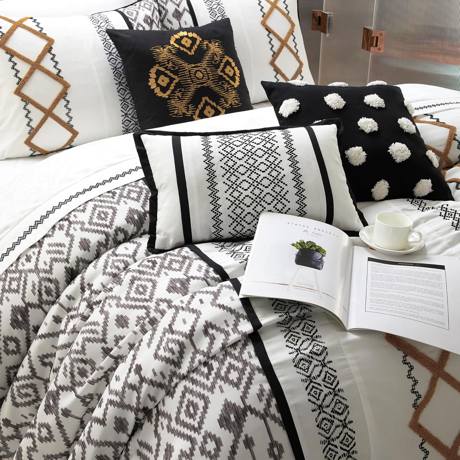 Stratford Park Black Gold Comforter Set King Size, 15 Piece Terry Embroidery All Season Room-in-A-Bag, Matching Curtains, Sheet Set, Pillows & Shams
