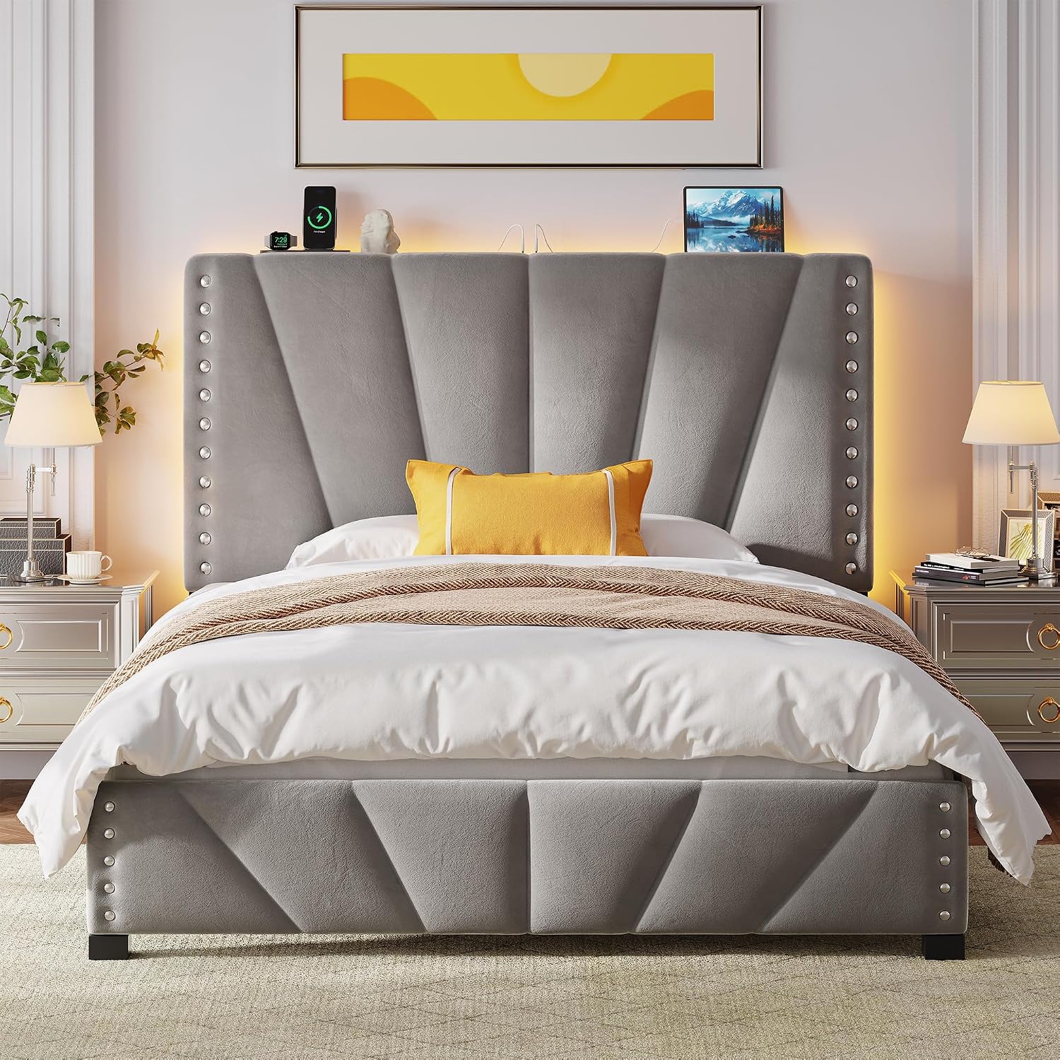 EnHomee Full Size Bed Frame with Velvet Upholstered Adjustable Headboard, LED Lights, and Charging Station for Bedroom, Apartment, and Dorm, No Box Spring Needed, Noise-Free, Easy Assembly, Gray