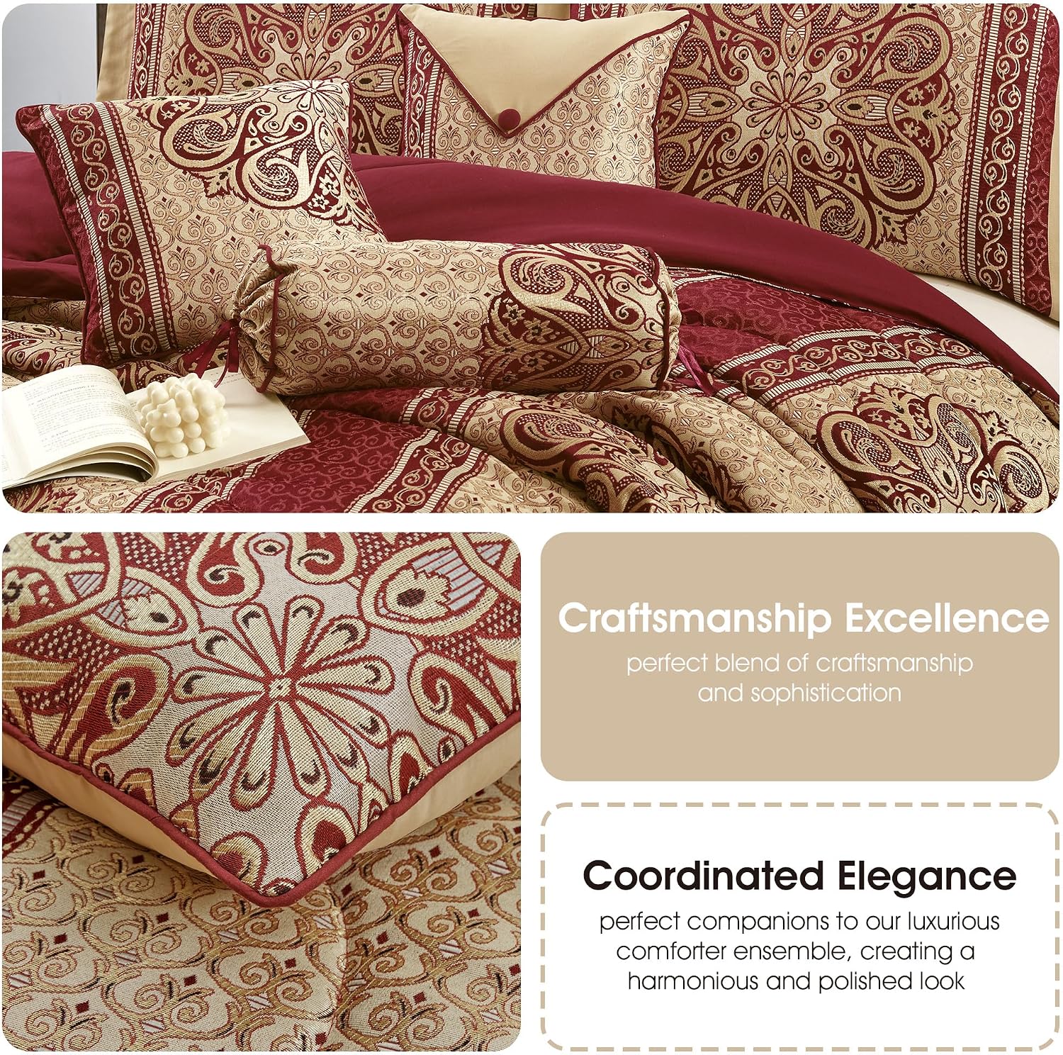 Stratford Park Gold/Wine Bedroom Comforter Sets Queen, 7 Piece, Burgundy Home Decor, Premium Lightweight Microfiber, Bedskirt, Pillows & Shams