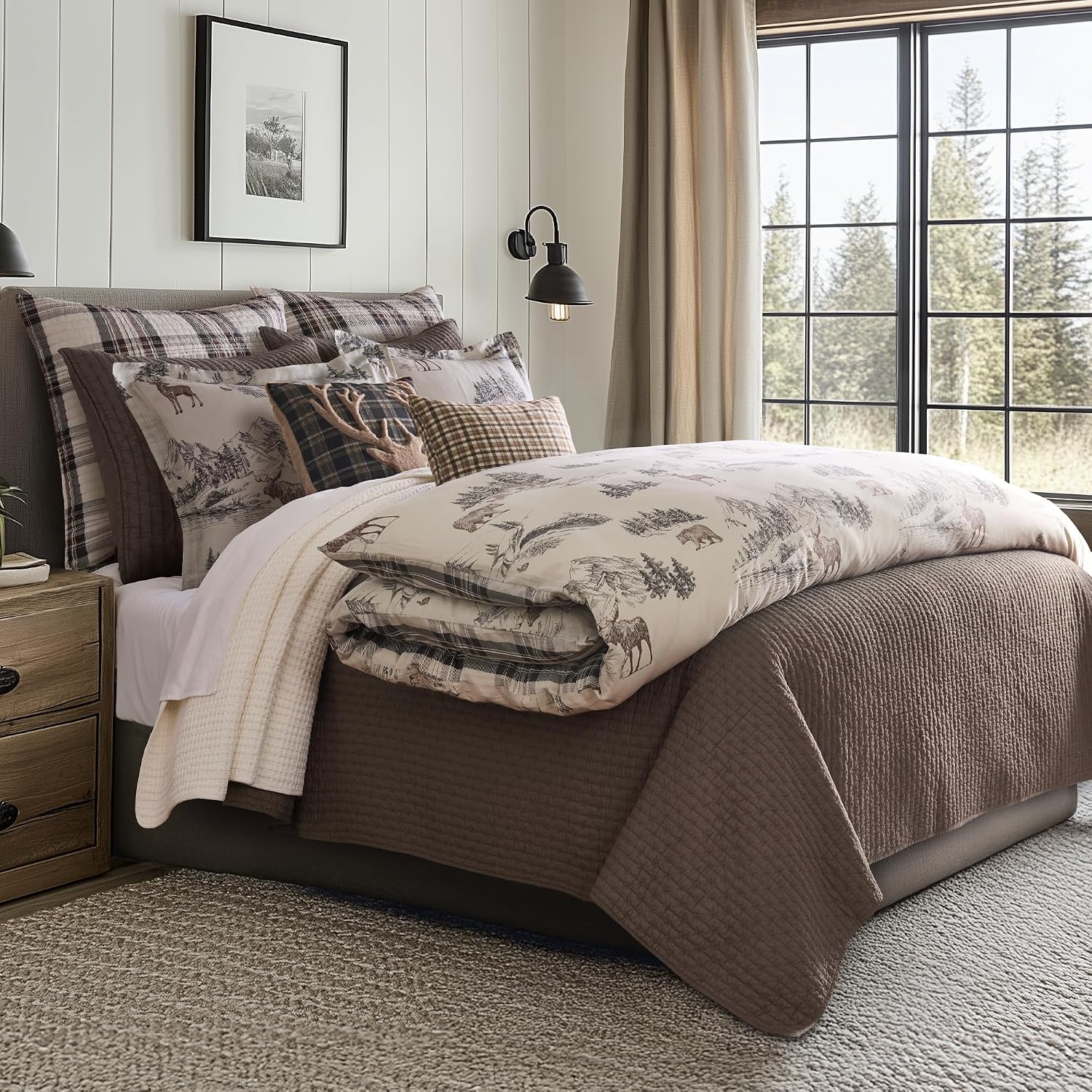 Levtex Home - Lodge Toile Duvet Cover Set - Full/Queen Duvet Cover (90 x 94in.) Two Standard Pillow Cases (26 x 20in.) - Toile - Brown Ivory Charcoal - Cotton
