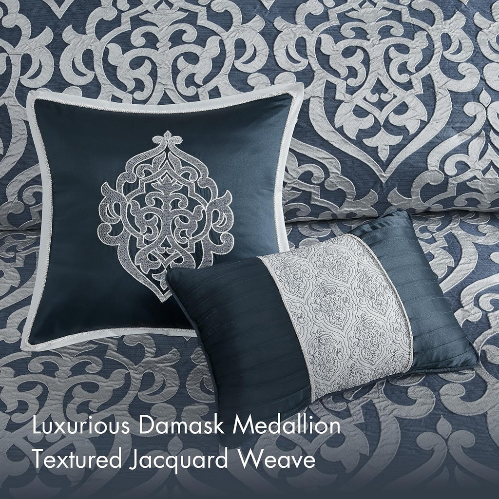 Madison Park Odette Cozy Comforter Set Jacquard Damask Medallion Design - Modern All Season, Down Alternative Bedding, Shams, Decorative Pillows, King(104 in x 92 in), Navy 8 Piece