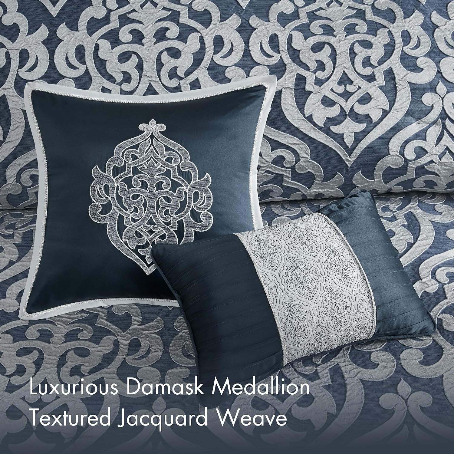 Madison Park Odette Cozy Comforter Set Jacquard Damask Medallion Design - Modern All Season, Down Alternative Bedding, Shams, Decorative Pillows, King(104 in x 92 in), Navy 8 Piece