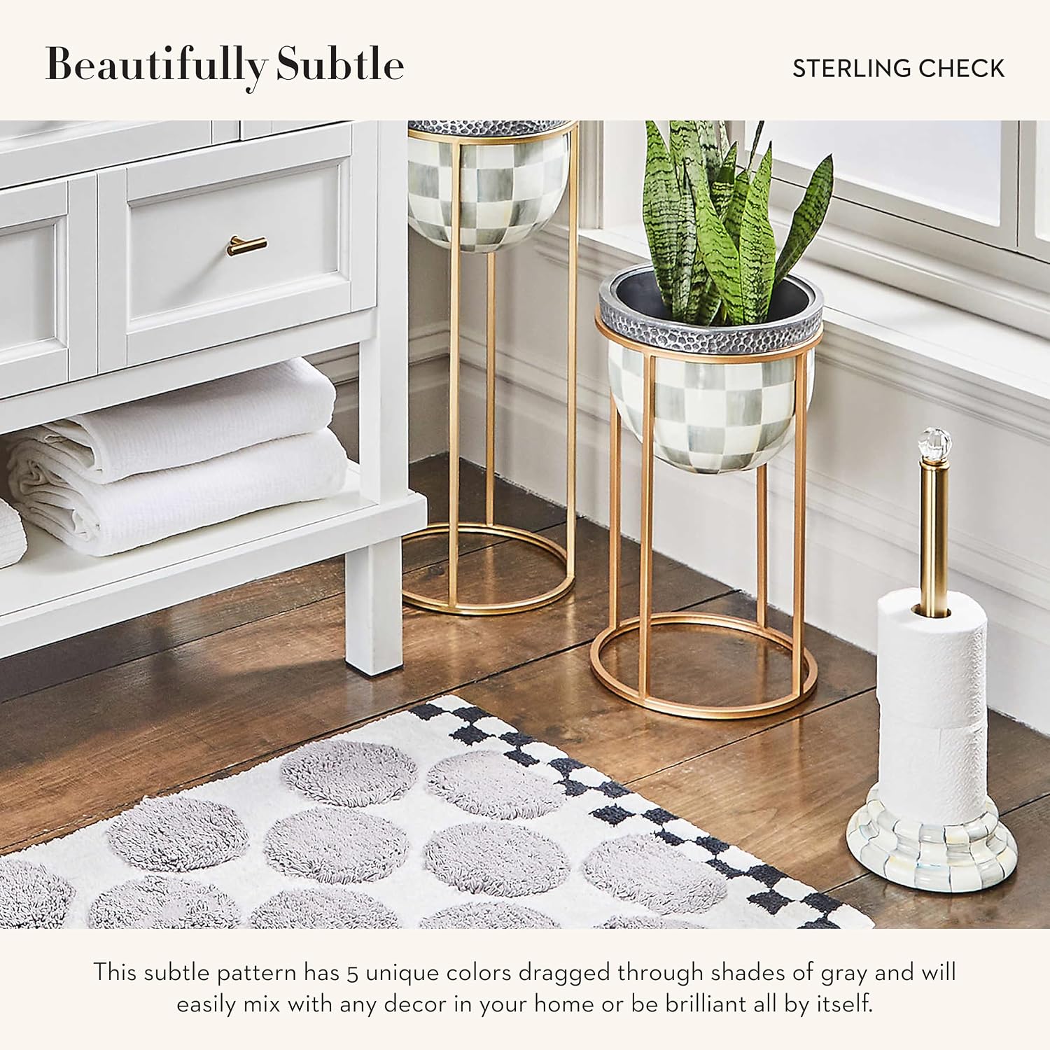 MACKENZIE-CHILDS Enamel Toilet Tissue Storage, Decorative Toilet-Paper Holder Stand for Bathroom, Gray-and-White Sterling Check