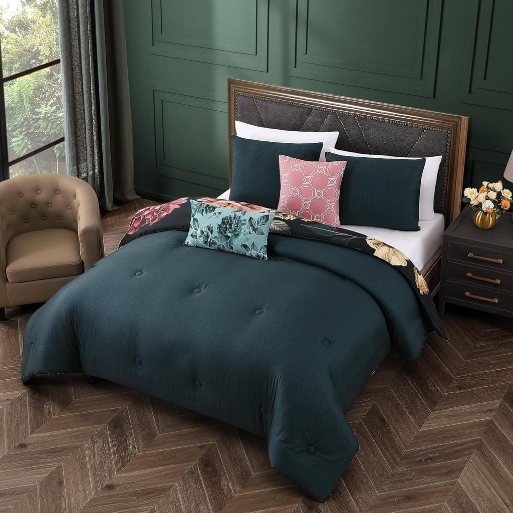 Bebejan Botanical Birds 5 Piece Comforter Set, 100% Cotton Sateen, 220 Thread Count, Black Reversible Bedding Comforter Set, 1 Comforter, 2 Shams & 2 Pillows (Full/Queen)