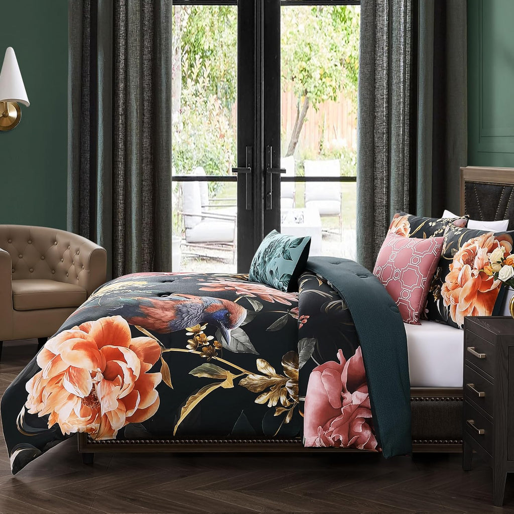 Bebejan Botanical Birds 5 Piece Comforter Set, 100% Cotton Sateen, 220 Thread Count, Black Reversible Bedding Comforter Set, 1 Comforter, 2 Shams & 2 Pillows (Full/Queen)