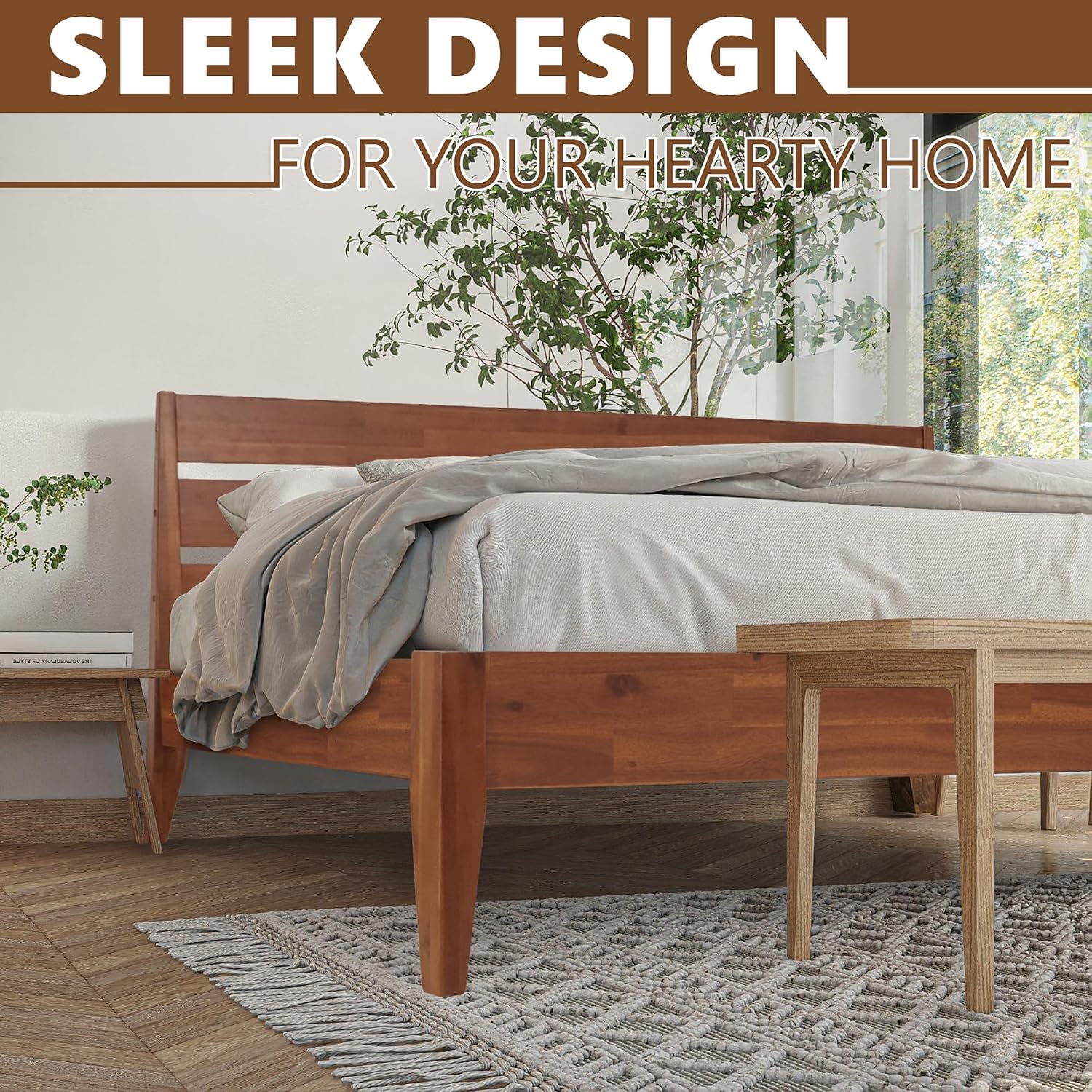 Acacia Emery Bed Frame with Headboard Solid Wood Platform Bed, King Size Bed Frame, Mid - Century Modern Wood Bed Compatible with All Mattresses, Easy Assembly, Non-Slip, Walnut
