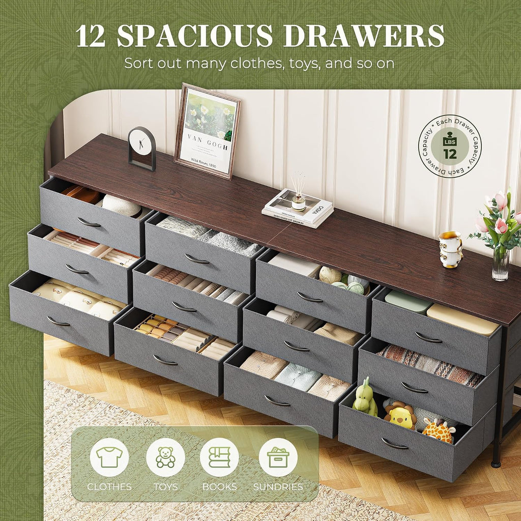 Huuger 70 Inch Dresser for Bedroom, TV Stand for 65, 75, 80 Inch TV, 12 Drawer Long Dresser, Large Storage Organizer Unit, Wide Chest of Drawer with Storage, Fabric Drawer for Living Room, Dark Grey