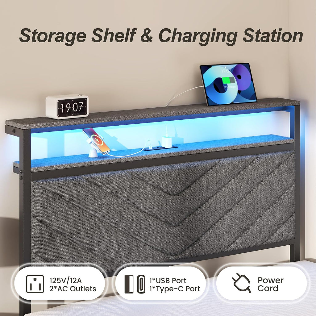 HISOFT Twin Bed Frame with Charging Station, LED Lights & 2 Storage Drawers, Grey Platform Bed with Upholstered Headboard, Under-Bed Storage, No Box Spring Needed, Easy Assembly, Strong Metal Support