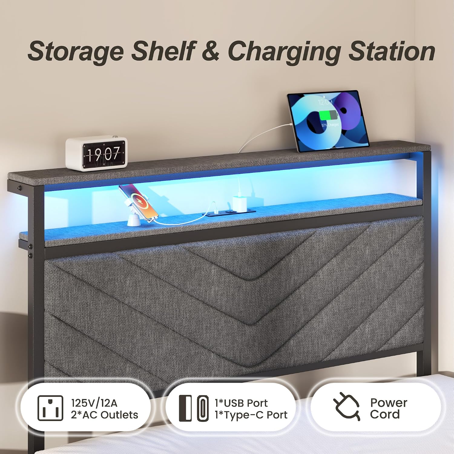 HISOFT Twin Bed Frame with Charging Station, LED Lights & 2 Storage Drawers, Grey Platform Bed with Upholstered Headboard, Under-Bed Storage, No Box Spring Needed, Easy Assembly, Strong Metal Support