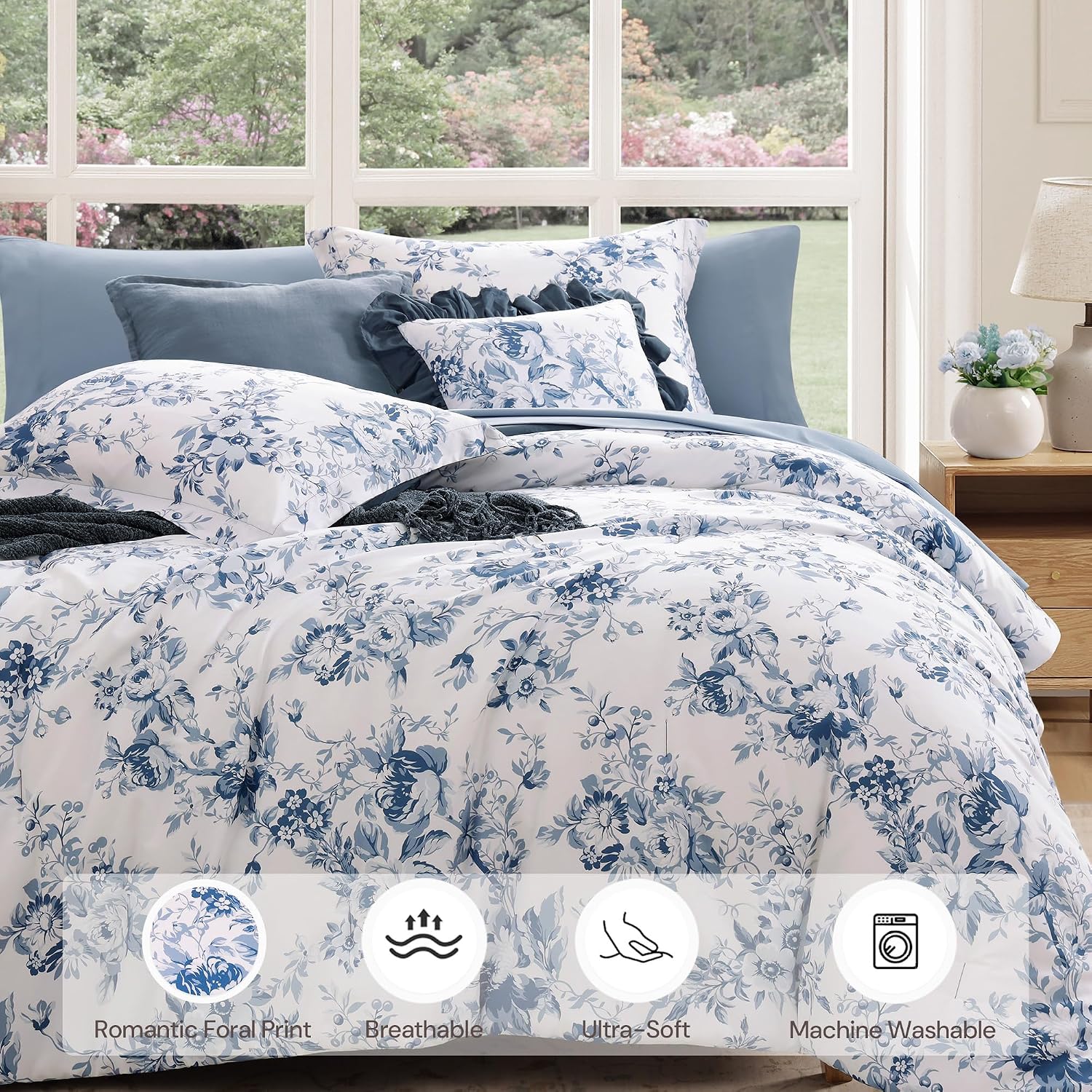 BLOOMHAVEN Oversized King Comforter Set -7 Pieces Floral Rain Washed Bedding Set for All Seasons, Bed in a Bag with Botanical Flowers Comforter, Sheets, Pillowcases & Shams